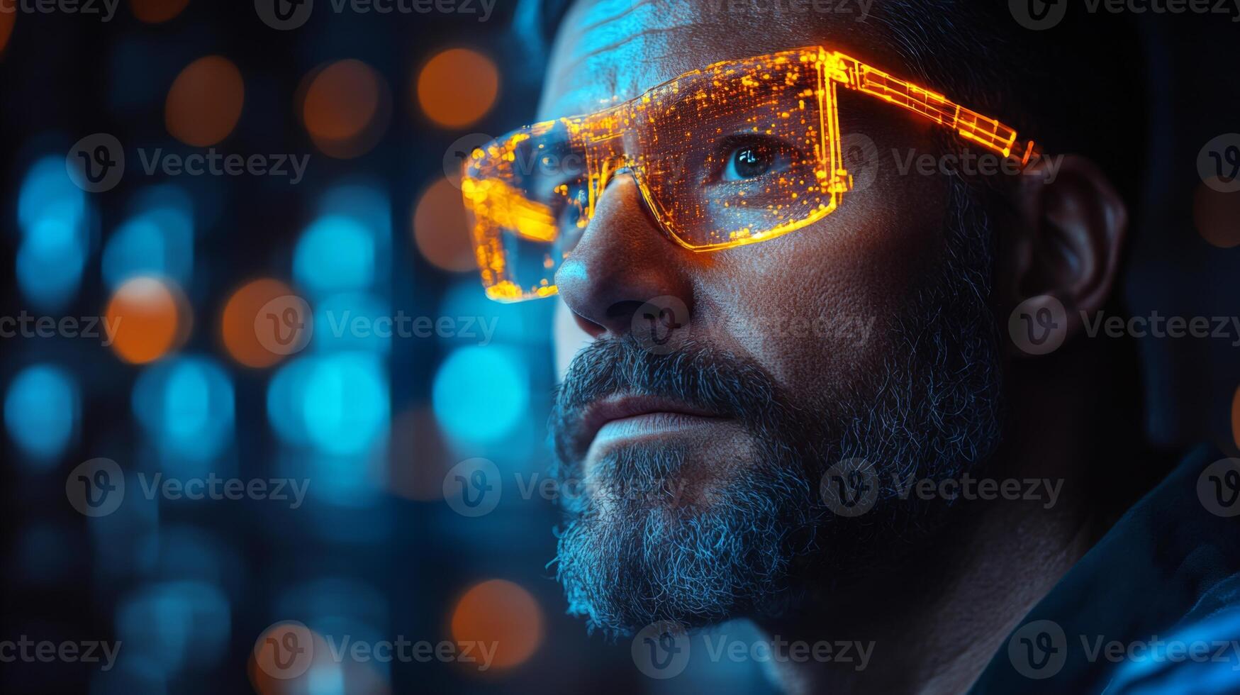 A logistics professional evaluates inventory using advanced augmented reality glasses in a modern warehouse hub during evening hours. Bright lights illuminate the setting. photo