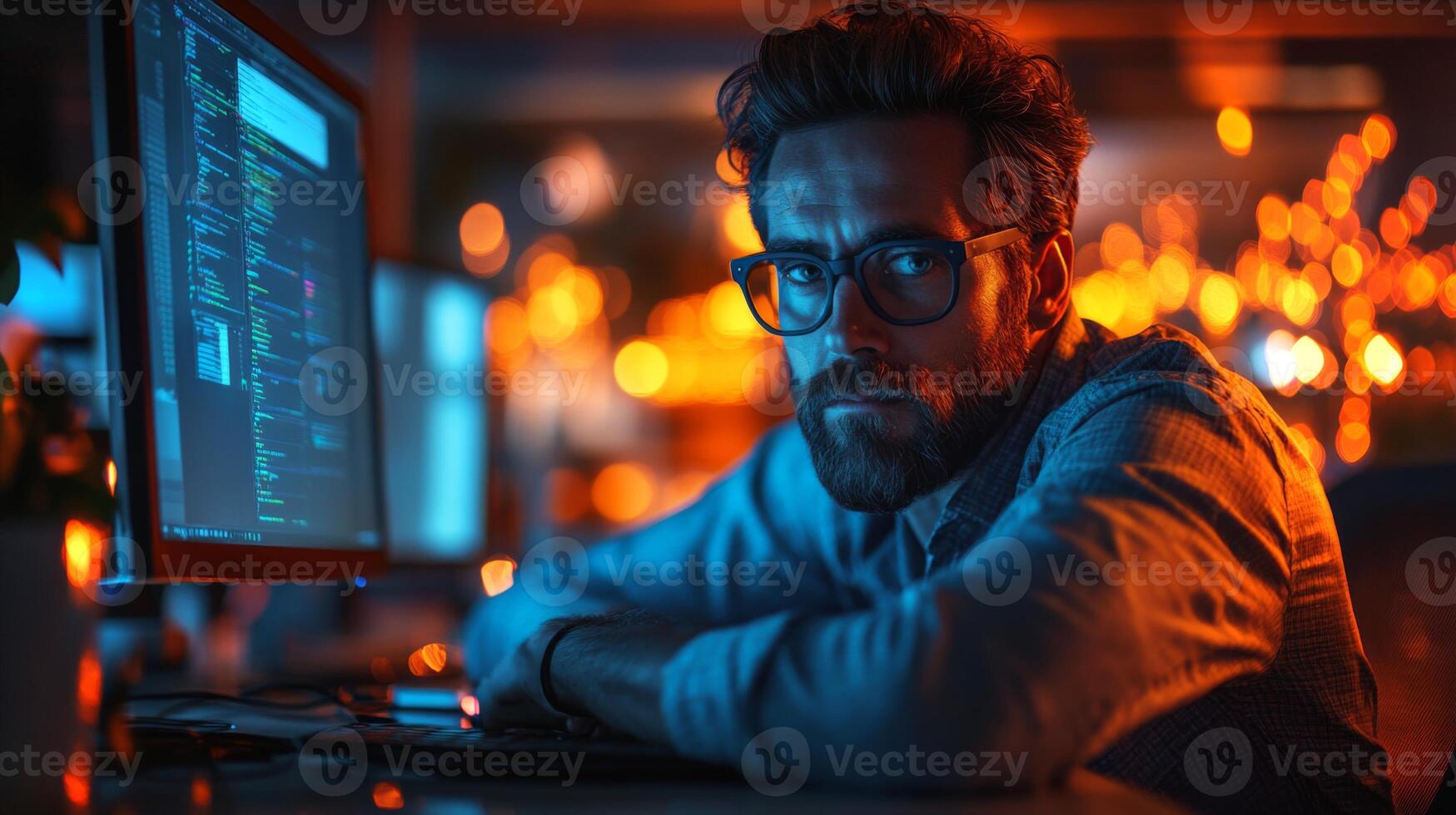 A man is deep in concentration at his desk, surrounded by glowing computer screens, showcasing a vibrant and engaging work environment. The warm lights enhance the innovative feel. photo