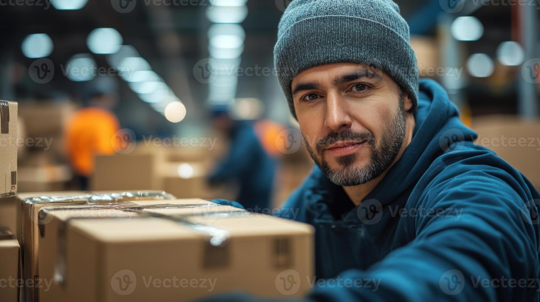 A skilled worker is engaged in organizing and sorting cardboard boxes for logistics and fulfillment in a vibrant warehouse distribution hub during daylight hours. photo