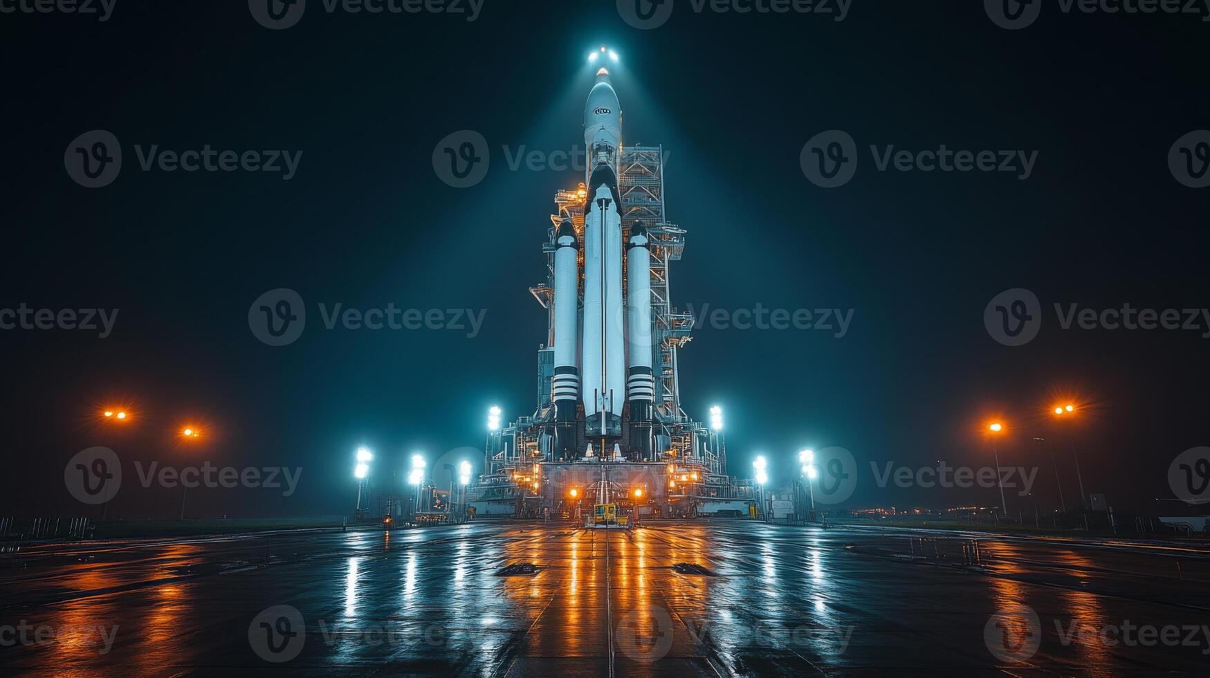 The rocket stands tall on the launch pad under bright lights, ready for a spaceflight mission, showcasing its innovative design and propulsion technology. photo