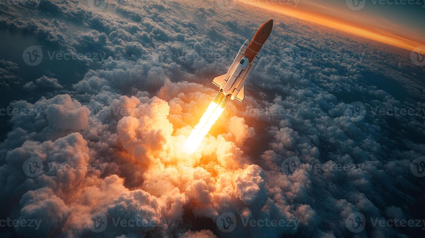 Rocket launches into the sky, piercing through clouds at sunset, showcasing powerful propulsion and the excitement of space exploration and aerospace innovation. photo