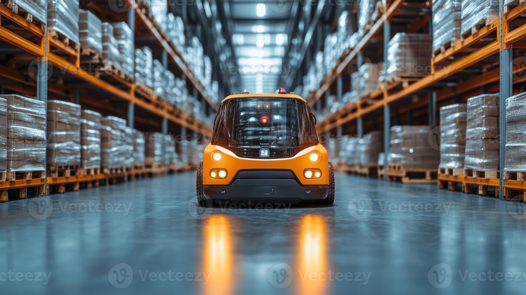 An automated vehicle moves efficiently along a well organized warehouse aisle, surrounded by neatly stacked pallets of goods as part of inventory control and logistics management. photo