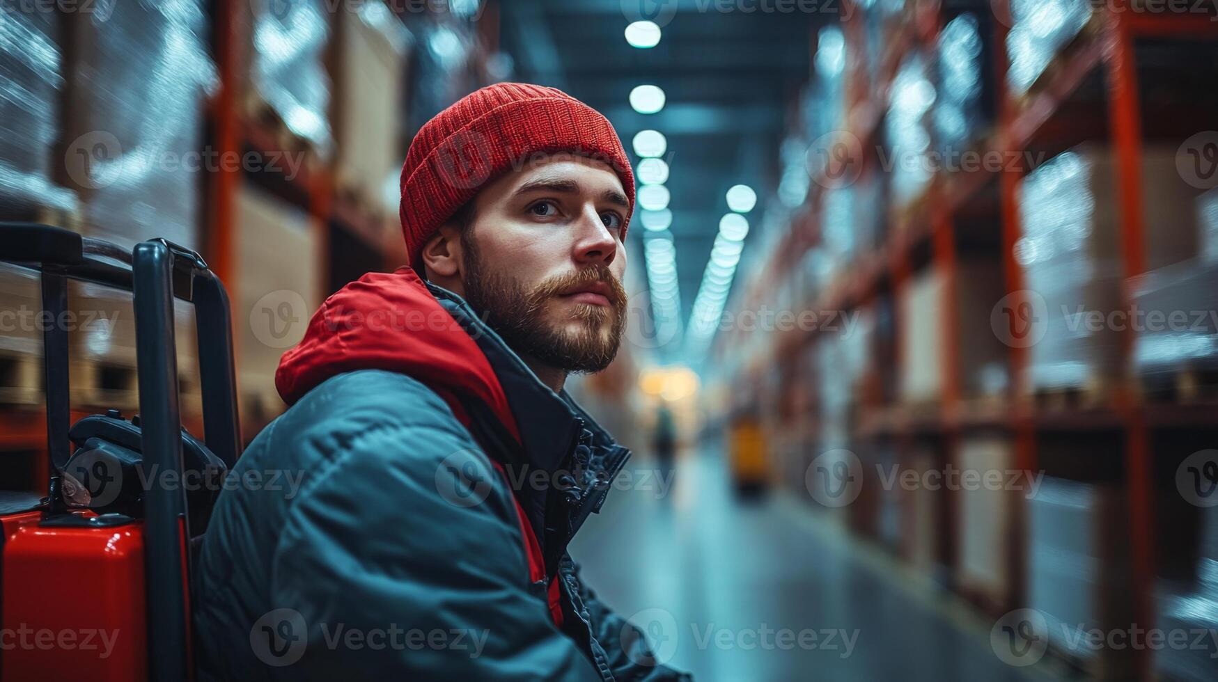 A warehouse worker takes a moment to rest while surrounded by inventory storage. Shelves stocked with cargo create a busy backdrop of logistics operations. photo