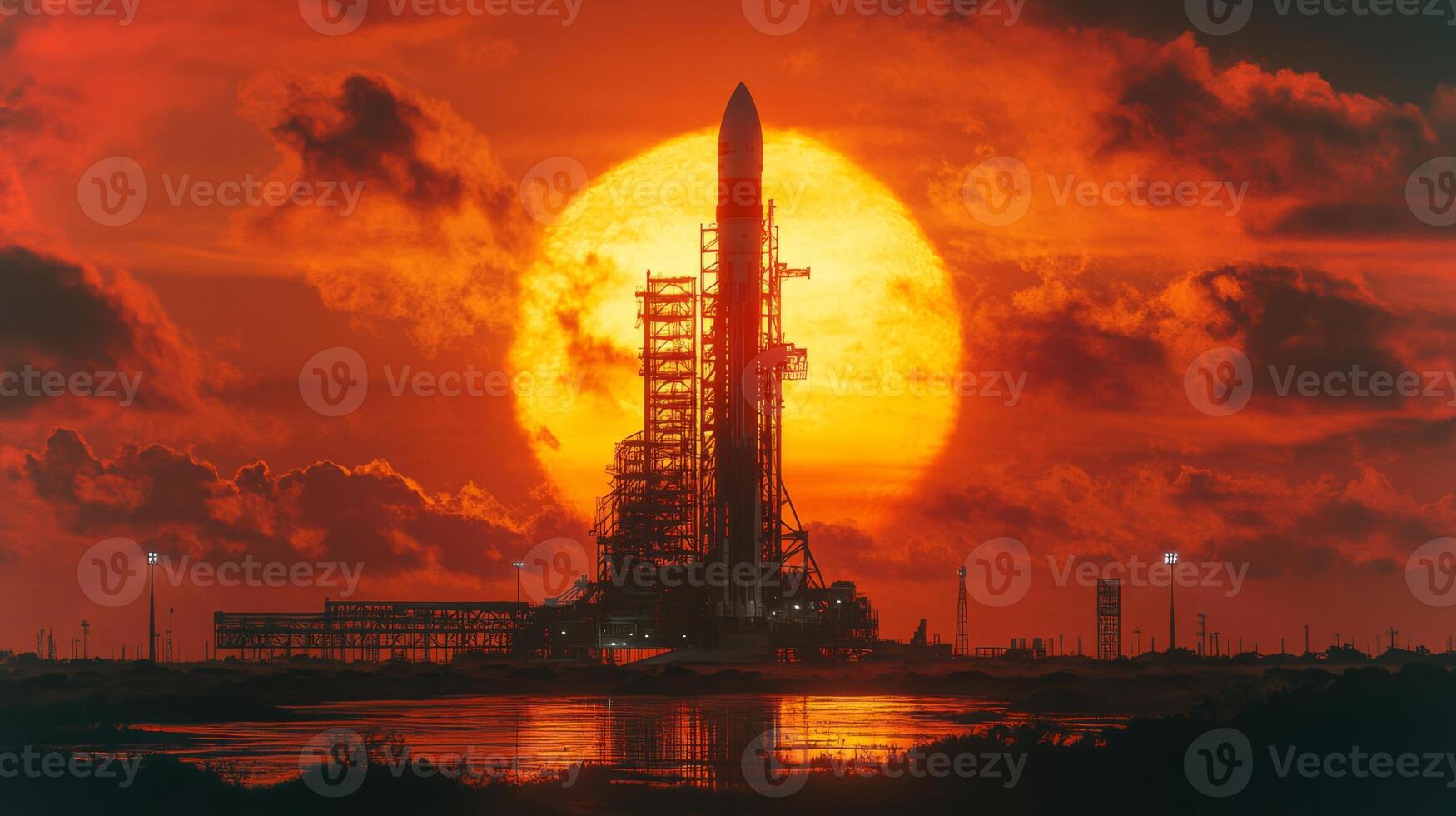 A rocket stands ready for launch against a stunning sunset backdrop, illustrating the power of propulsion and the excitement of upcoming spaceflight endeavors. photo