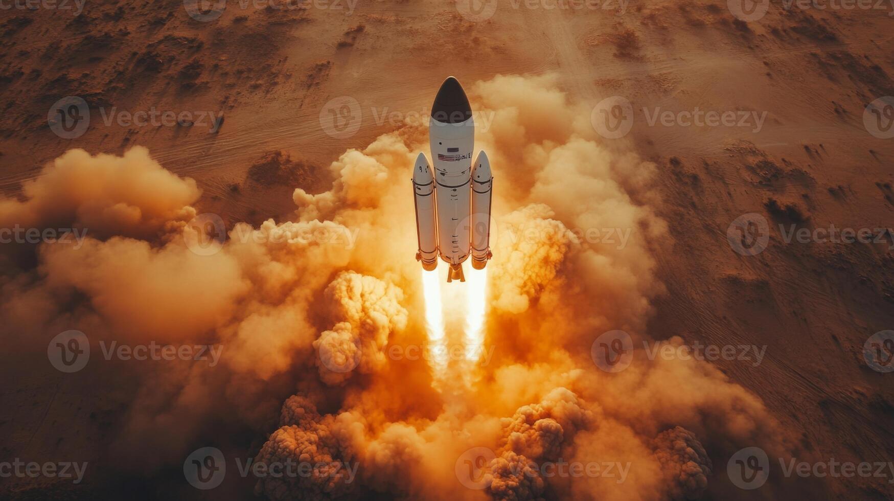 Rocket ascends into the sky as powerful thrusters ignite, sending plumes of smoke and flames into the atmosphere while embarking on a mission for space exploration and recovery. photo