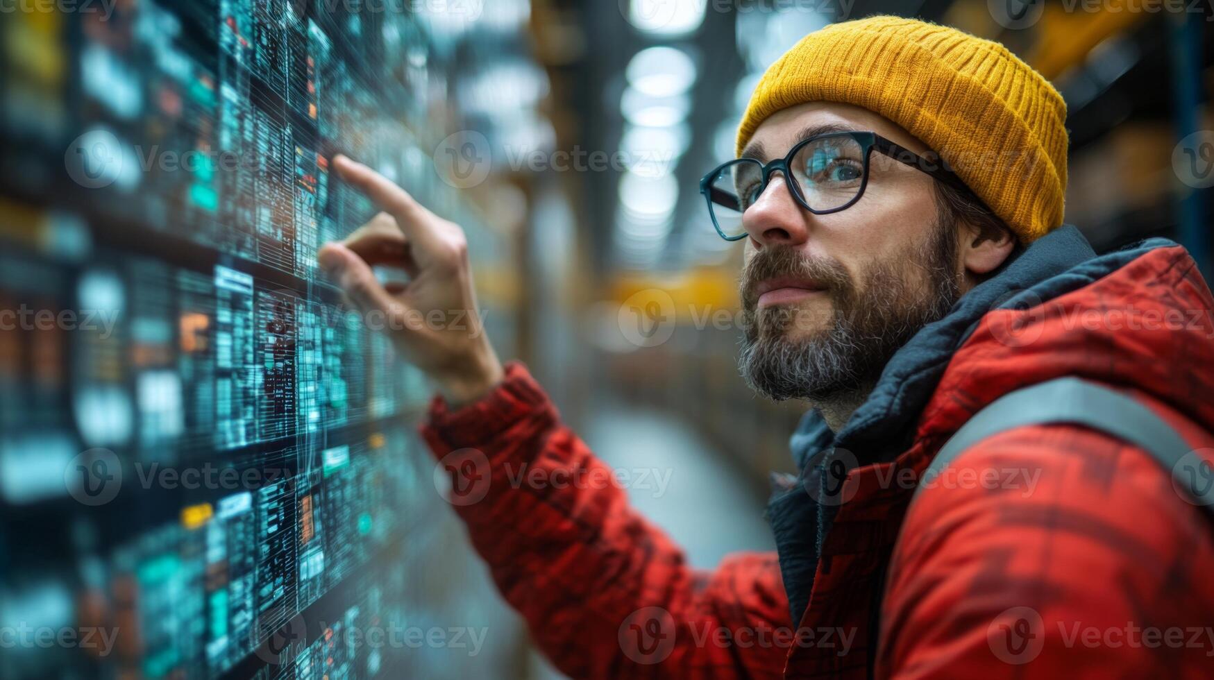 A worker in a warehouse touches a digital screen displaying inventory information. The environment is organized, emphasizing efficient logistics and storage solutions for distribution needs. photo