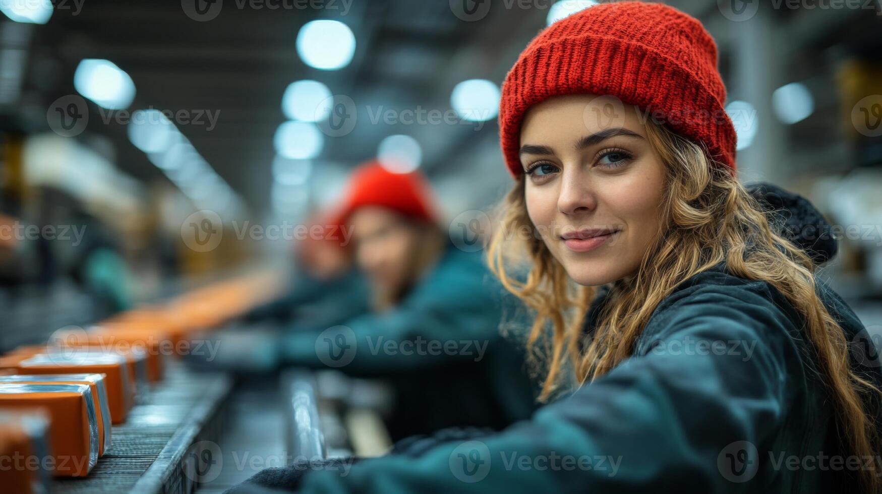 Workers efficiently sort and prepare packages for shipping in a busy logistics warehouse. The environment is vibrant with activity and teamwork among staff in red hats. photo