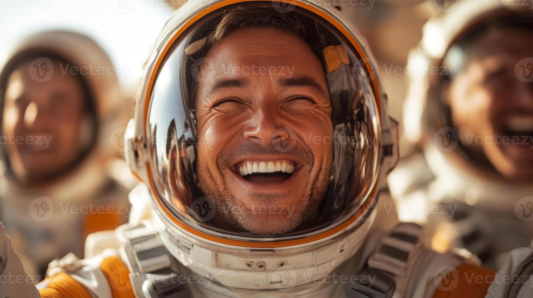 Joyful astronauts share smiles and celebrate their successful spaceflight mission after completing retropropulsion landing and safe recovery. photo