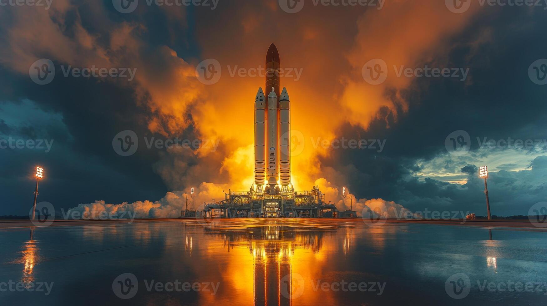 Rocket engines ignite dramatically as the vehicle prepares for a significant launch, showcasing powerful thrust and advancements in aerospace propulsion technology. photo