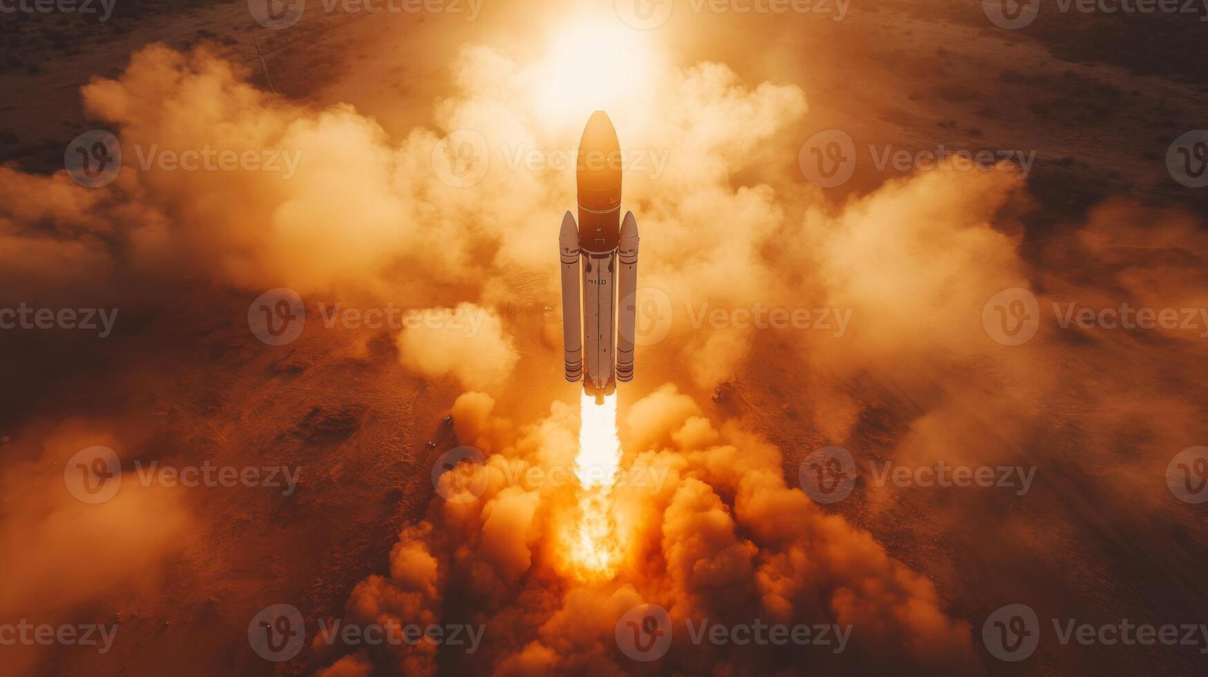 A powerful rocket ascends with intense propulsion, sending fiery exhaust and smoke into the atmosphere as it embarks on a significant spaceflight mission. photo