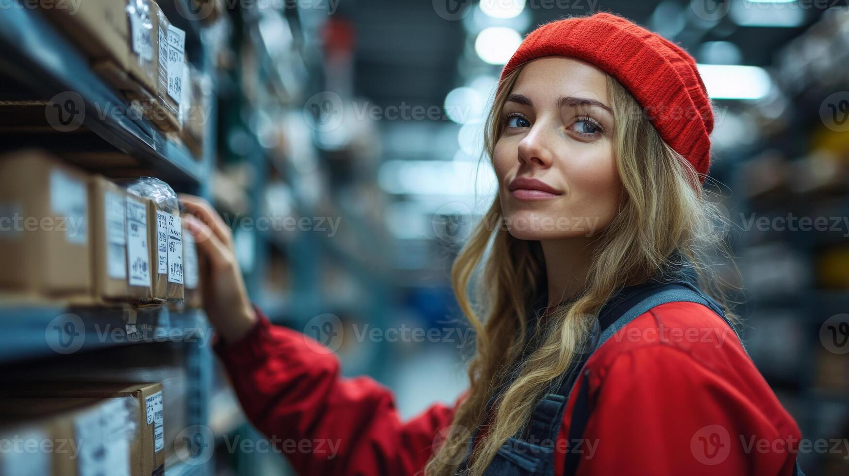A worker in a red beanie inspects boxes on shelves in a warehouse while managing inventory and ensuring efficient logistics processing. photo