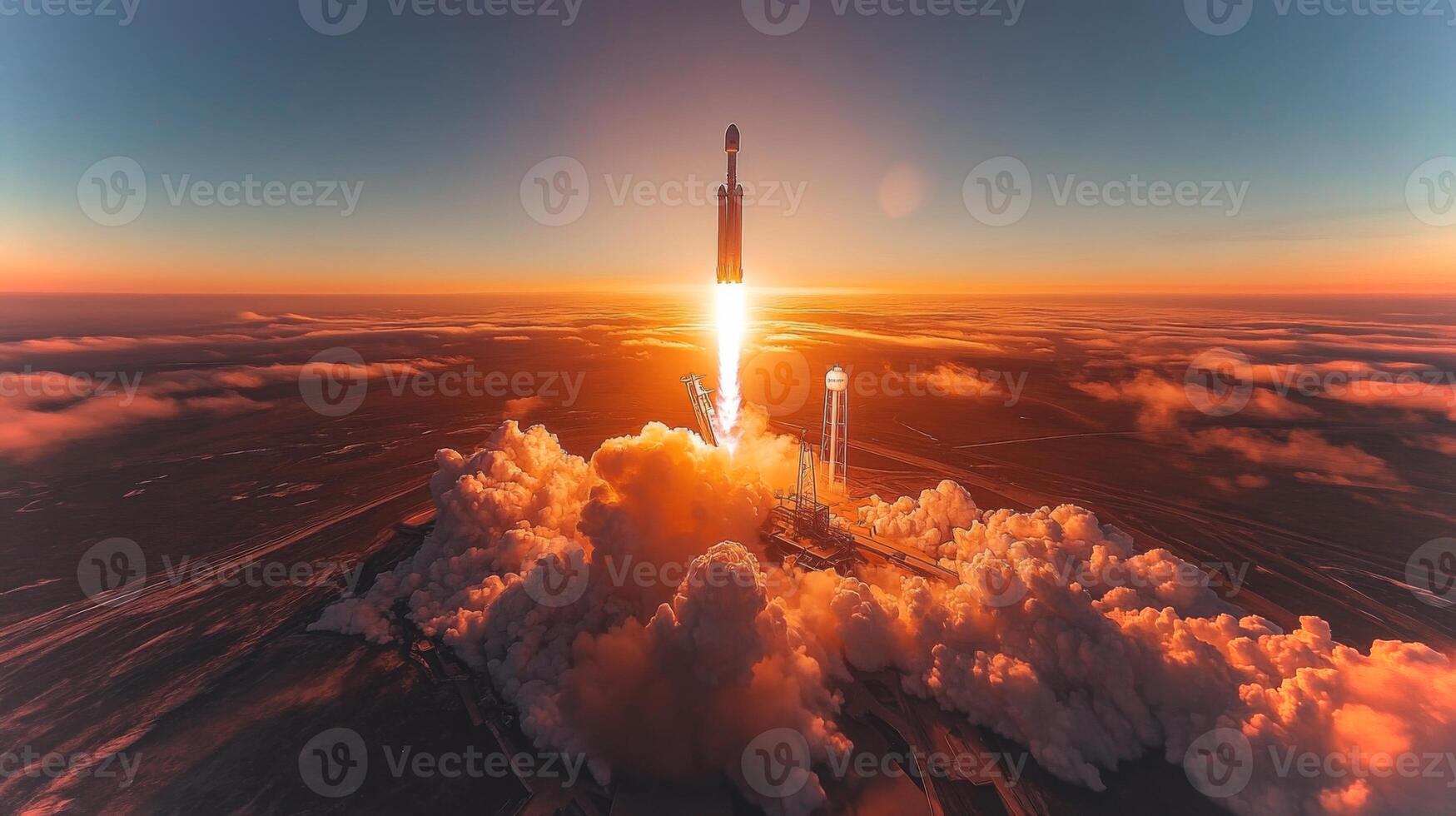 A powerful rocket ascends into the sky at sunrise, leaving behind a dynamic plume of smoke and fire. The scene highlights advanced propulsion and recovery techniques used in modern aerospace. photo