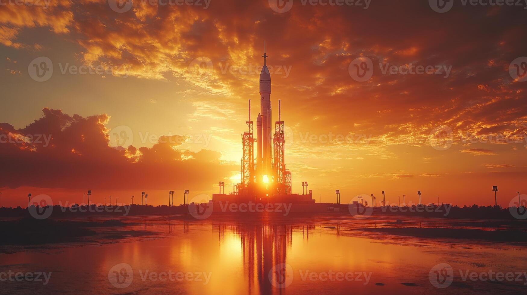 A rocket launch platform is silhouetted against a stunning sunset, with colorful clouds reflected in the water below, capturing the excitement of upcoming space exploration. photo