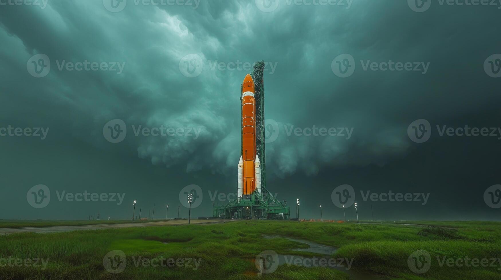 The rocket is positioned on the launch pad, surrounded by dark, thunderous clouds, ready for an imminent spaceflight. photo