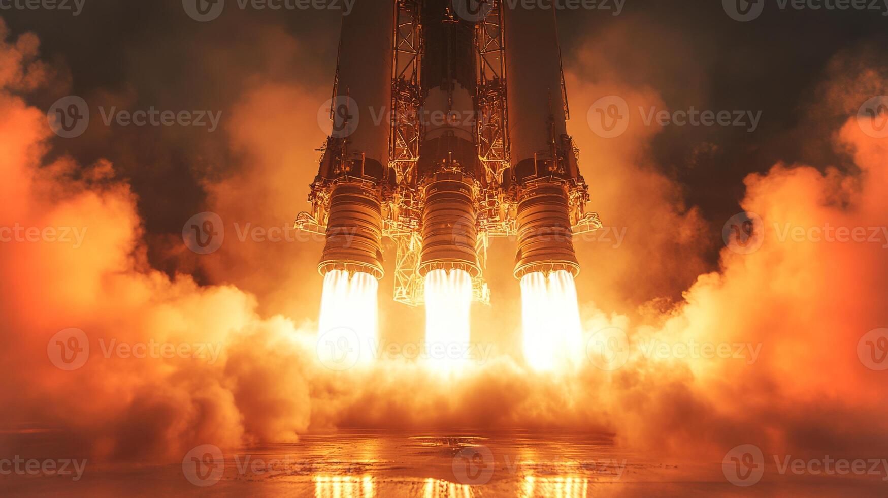 Engines ignited and flames billowing, the rocket launches into the sky. The heat shield withstands extreme conditions, marking a significant moment in spaceflight and advanced propulsion techniques. photo