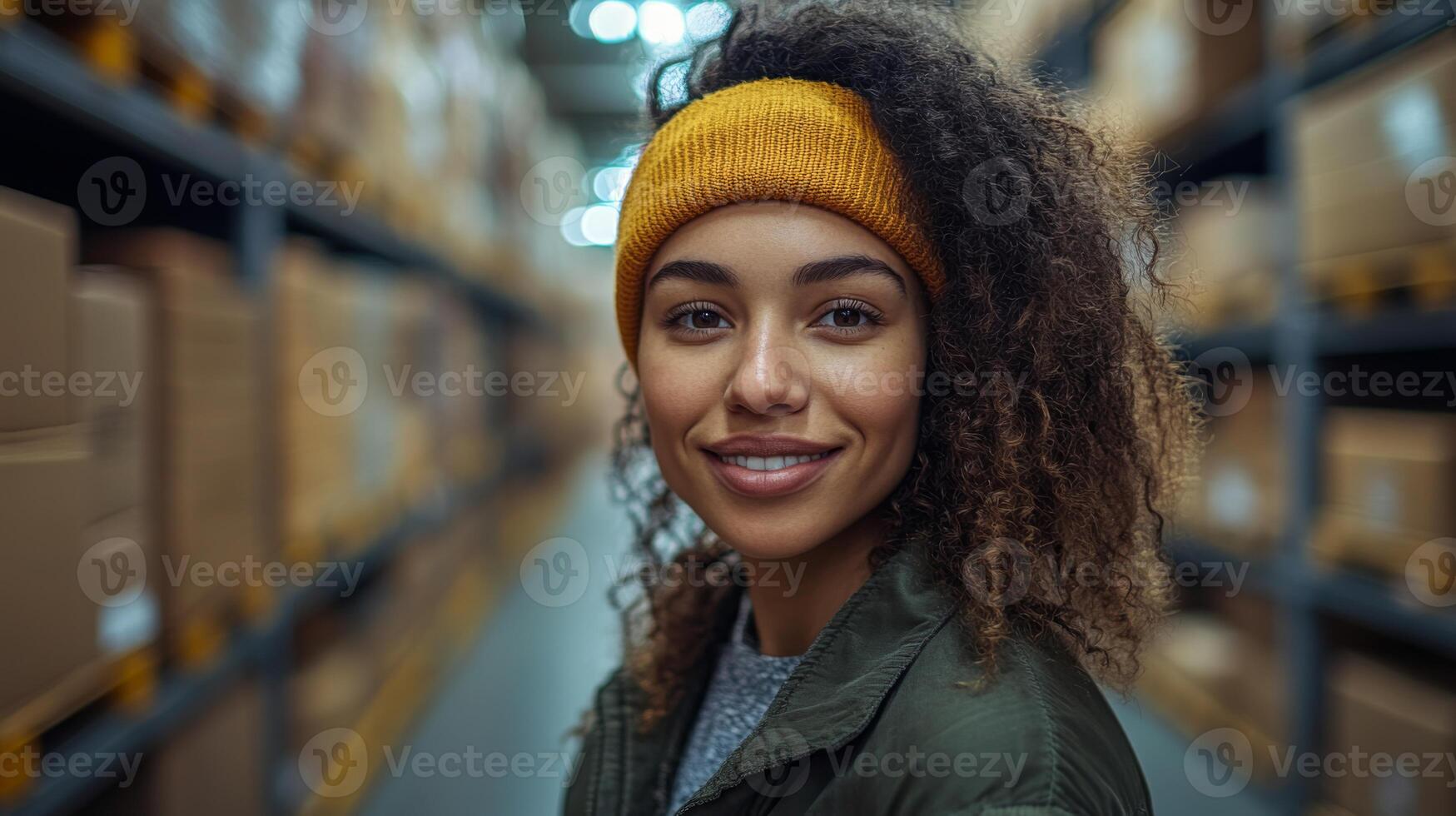 A logistics worker stands confidently amidst rows of stacked boxes in a busy warehouse. The warm atmosphere highlights the efficiency of the distribution center. photo