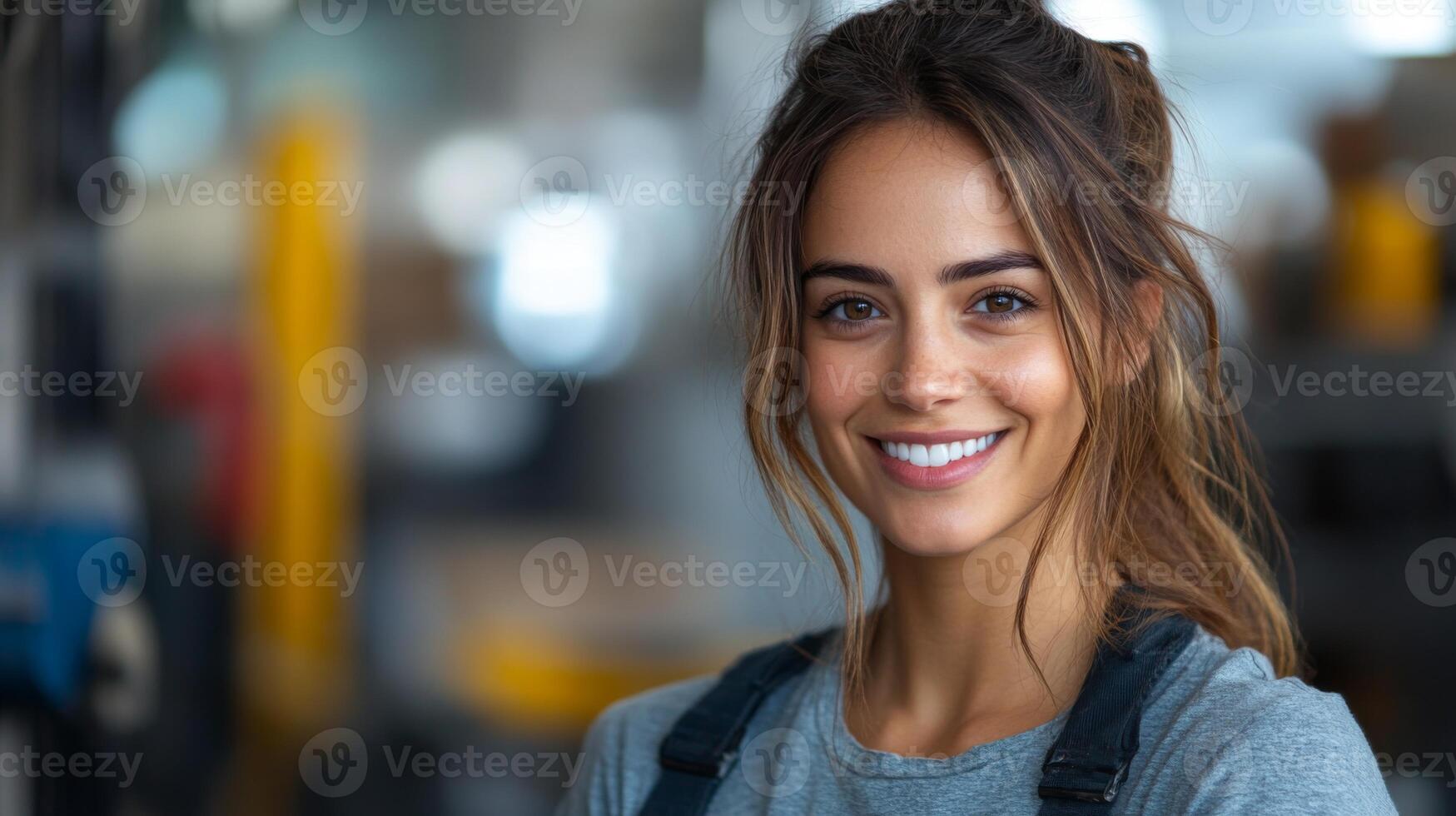 A woman stands confidently in a busy warehouse, smiling and wearing work attire. The backdrop features efficient storage systems and organized inventory, highlighting her role in logistics. photo