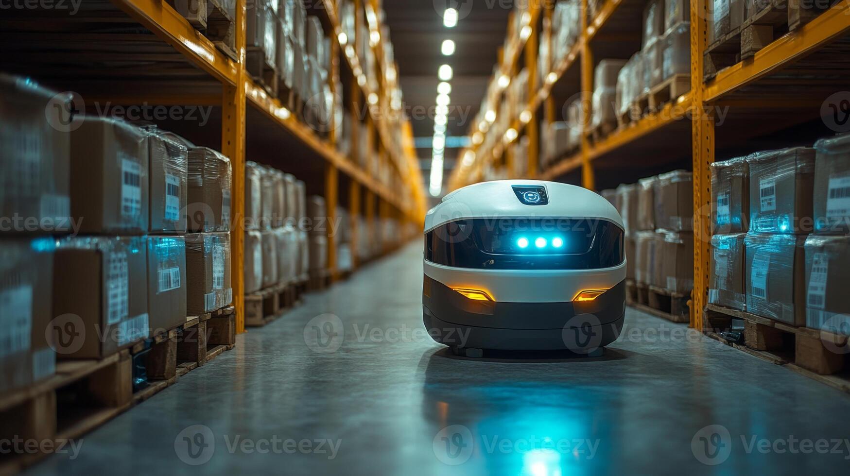 A robotic vehicle navigates through a warehouse aisle, efficiently transporting cargo while surrounded by neatly organized storage pallets filled with boxes. photo
