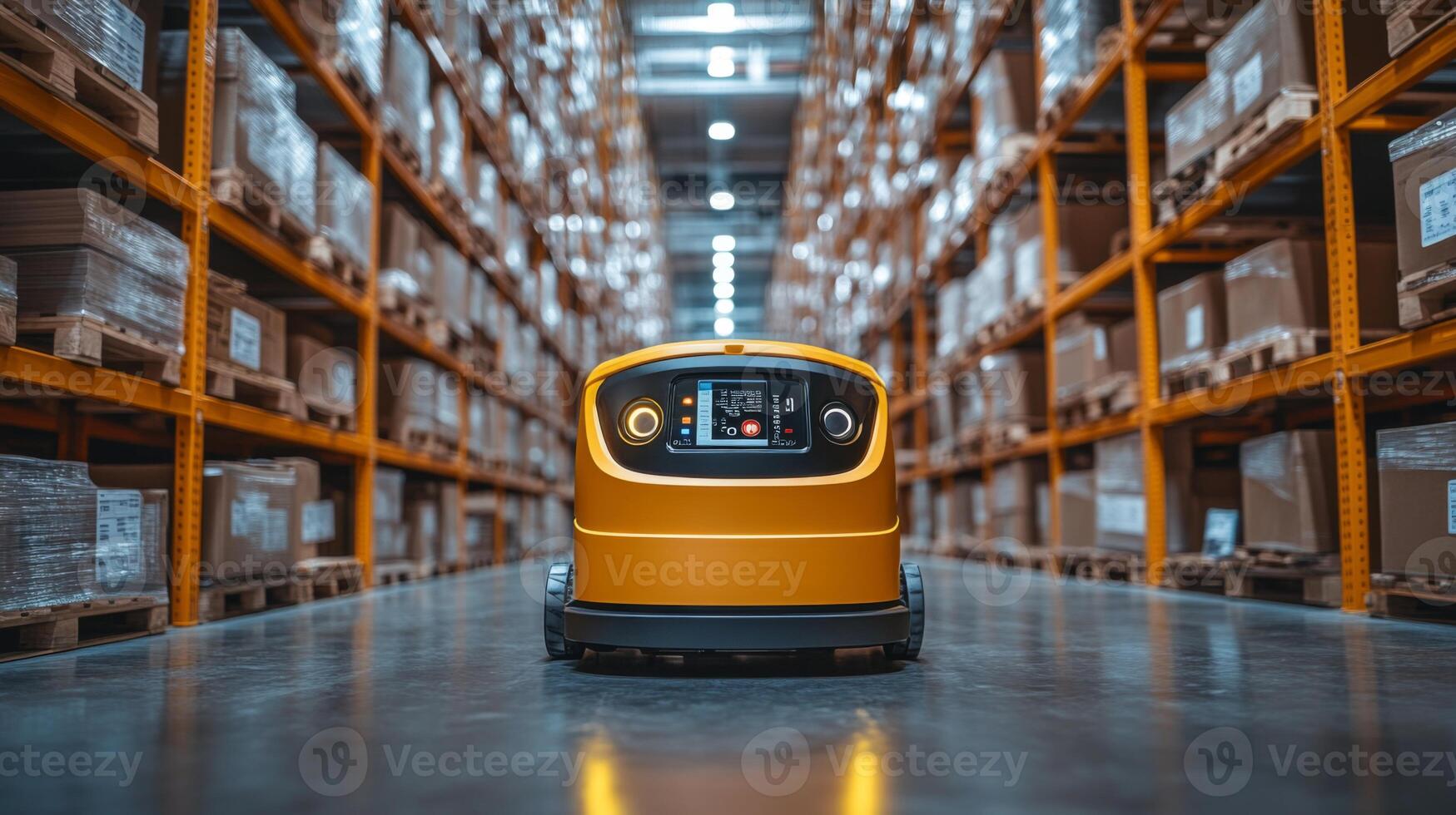 An autonomous robot moves efficiently along the aisles of a spacious warehouse, managing inventory and optimizing distribution processes within a busy logistics hub. photo