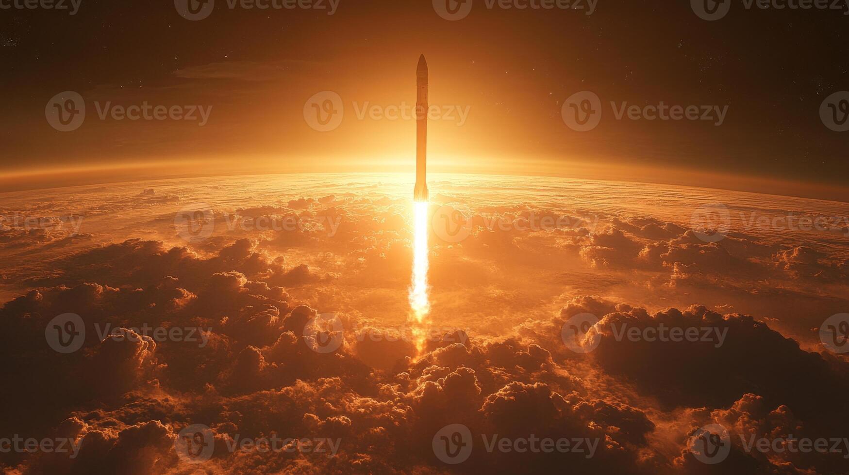 Rocket ascends into the sky during a stunning sunset, showcasing advanced propulsion systems and aerobraking techniques above a sea of clouds. photo