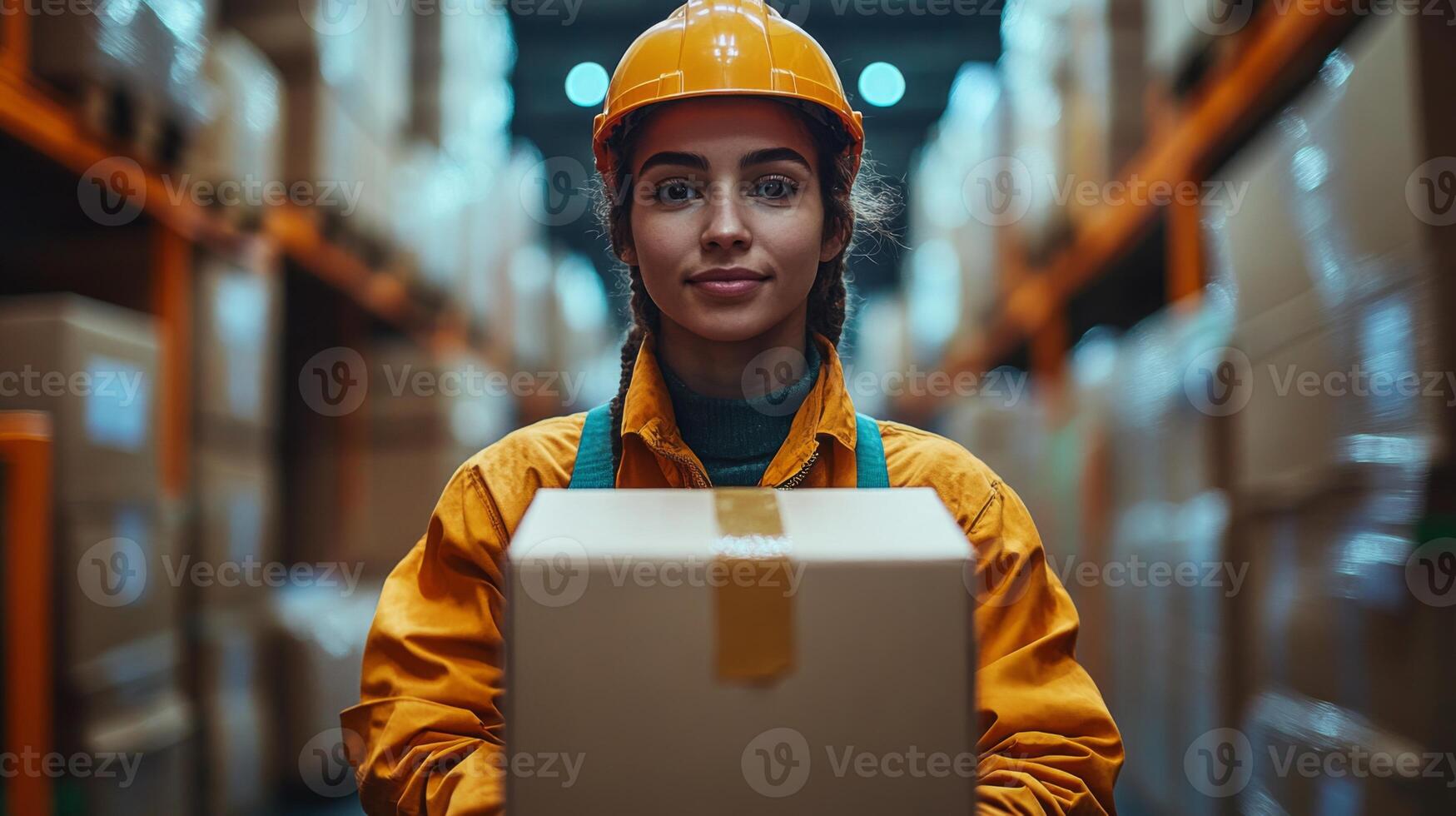 A warehouse worker in orange safety gear holds a package in a large logistics distribution hub. Shelves filled with boxes are neatly organized in the background. photo