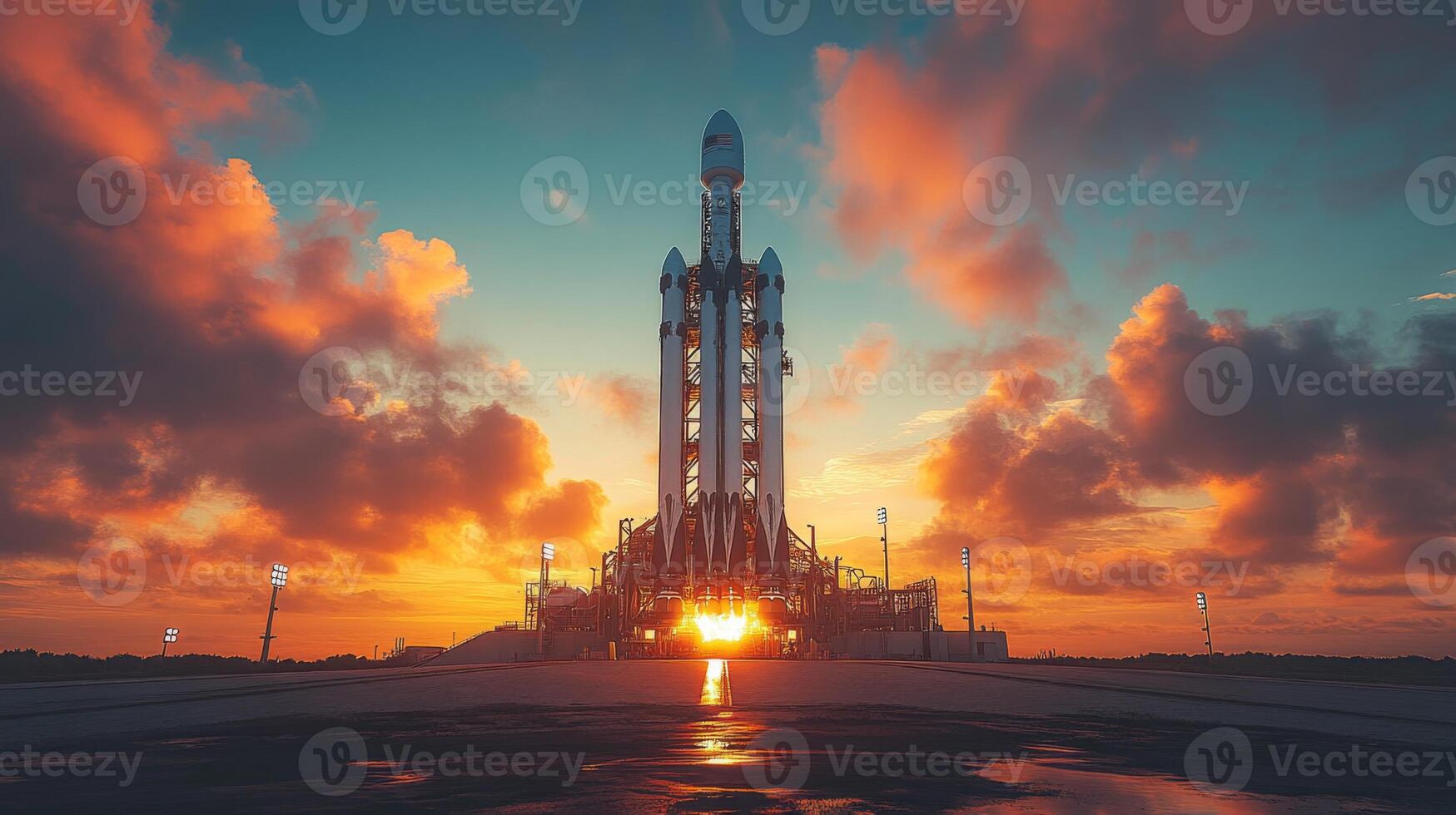 A rocket stands on the launch pad, engines igniting against a backdrop of a vibrant sunset sky filled with clouds. The atmosphere is tense and filled with excitement for the upcoming mission. photo