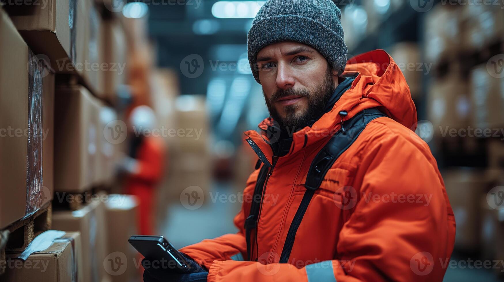 A worker in a bright orange jacket stands in a bustling warehouse, checking inventory on a smartphone amidst towering stacks of boxes while colleagues sort and fulfill orders. photo