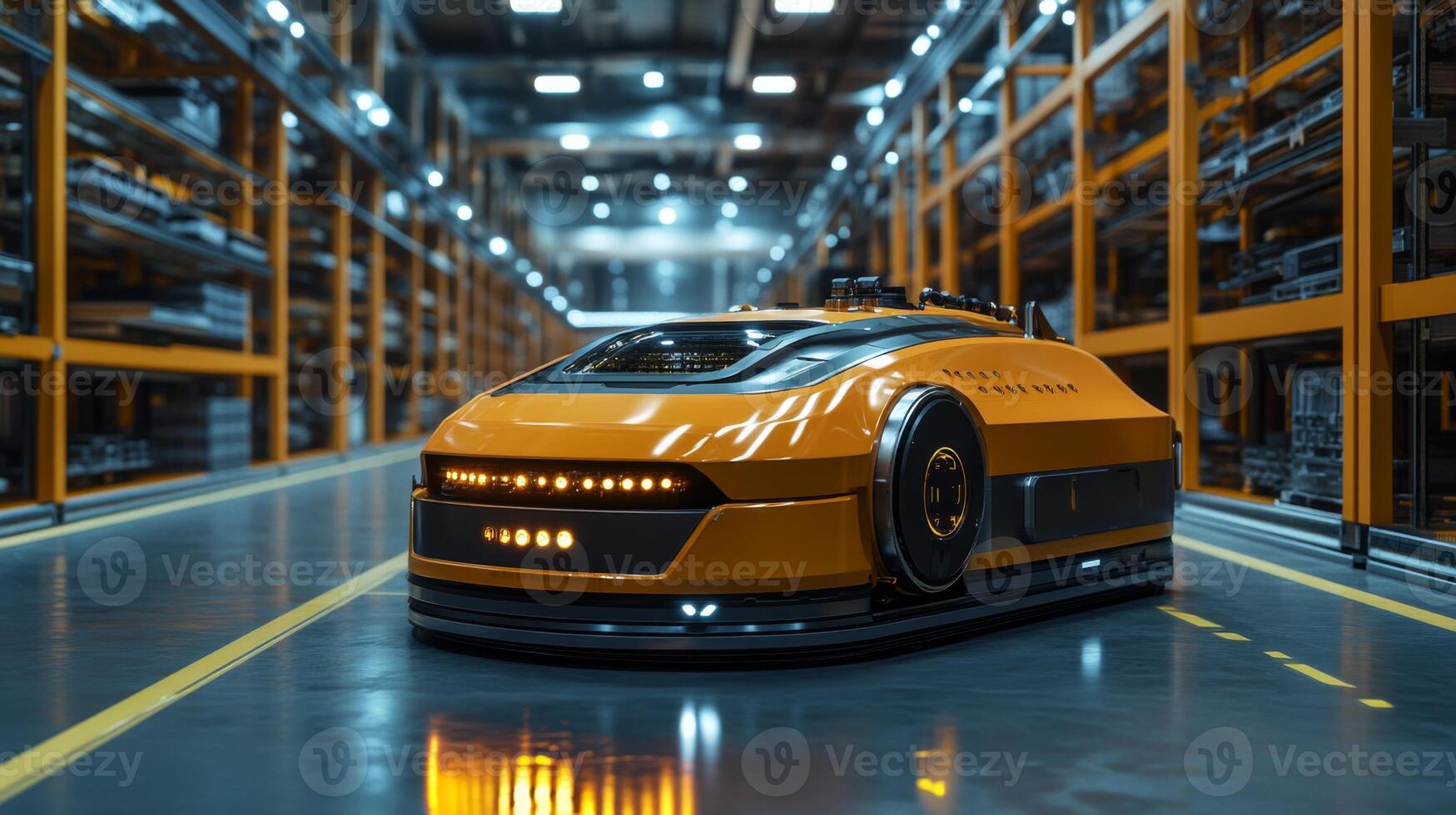 A robotic vehicle navigates a spacious logistics warehouse, optimizing the transportation of cargo and managing inventory with precision in a well organized environment. photo