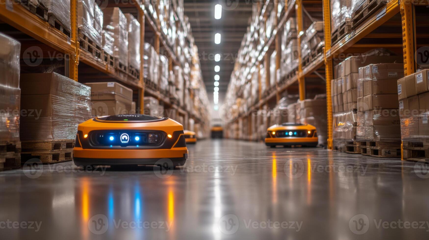 Robots move efficiently along polished floors in a large warehouse, organizing and sorting items from tall shelves stacked with various boxes during warehouse operations. photo