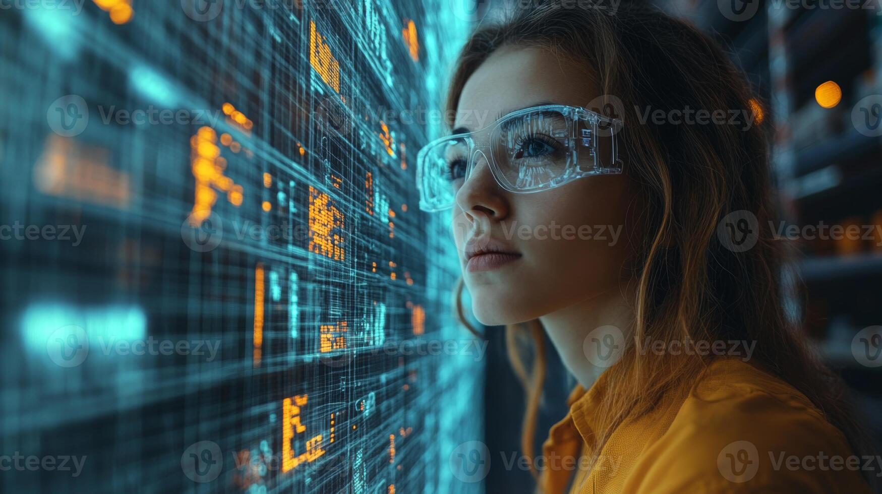 A worker in a logistics warehouse intently examines digital data on a large screen, enhancing her understanding of inventory management and distribution processes. photo