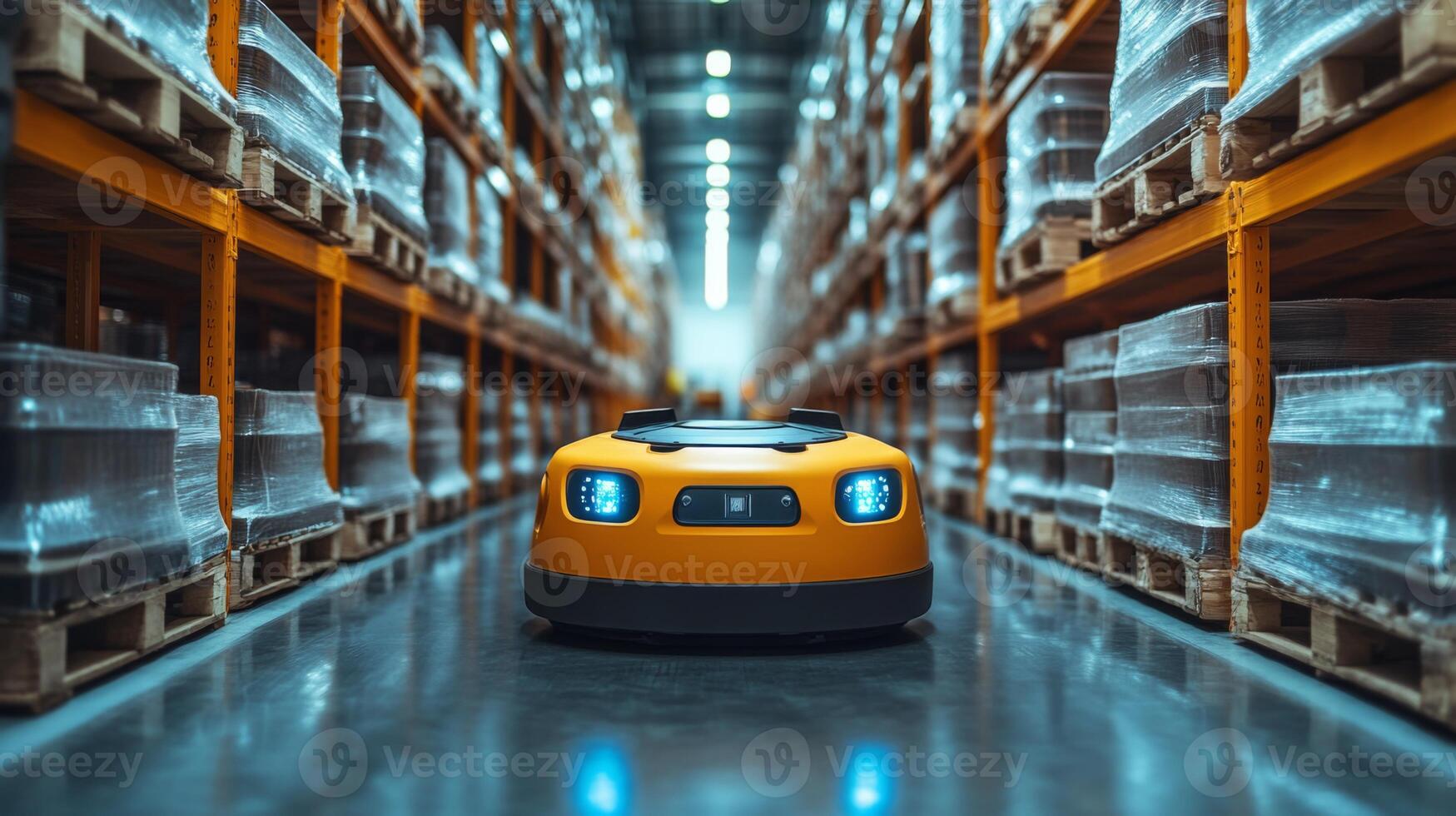 A robotic vehicle moves through a spacious warehouse aisle lined with neatly stacked pallets and boxes, showcasing an efficient logistics and distribution process. photo