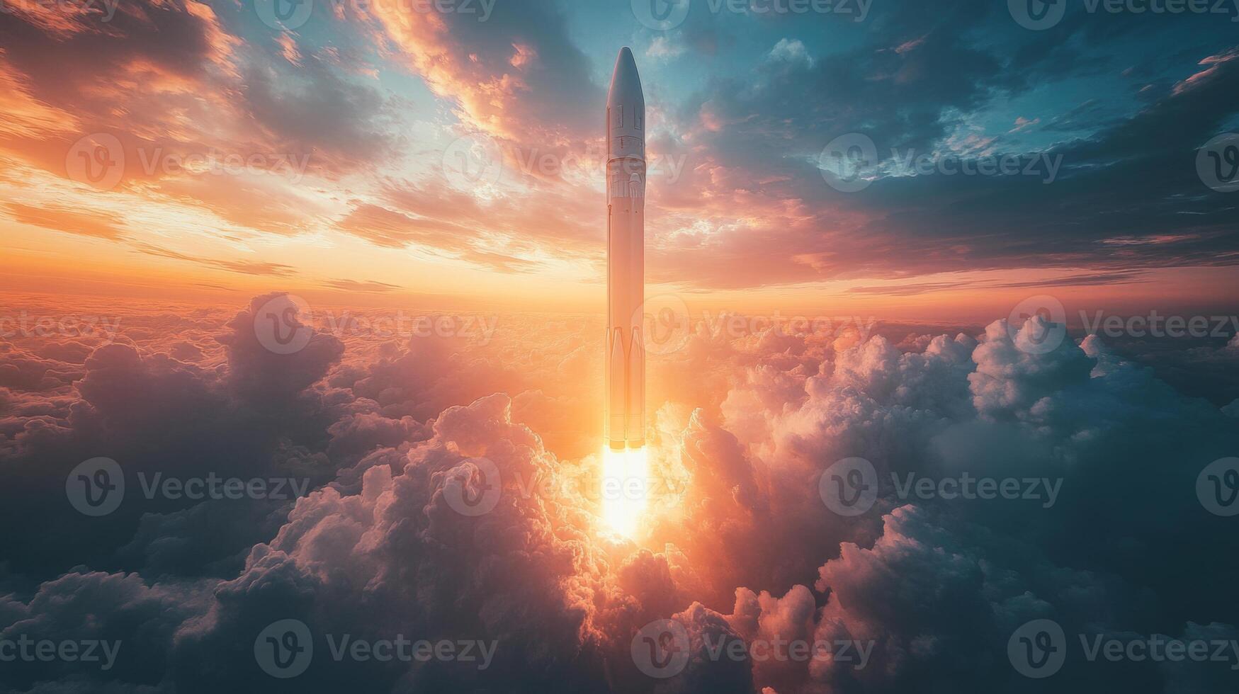 A rocket launches into the sky at dawn, lighting up surrounding clouds with flames while heading towards space. The scene captures the powerful moment of propulsion and lift off. photo