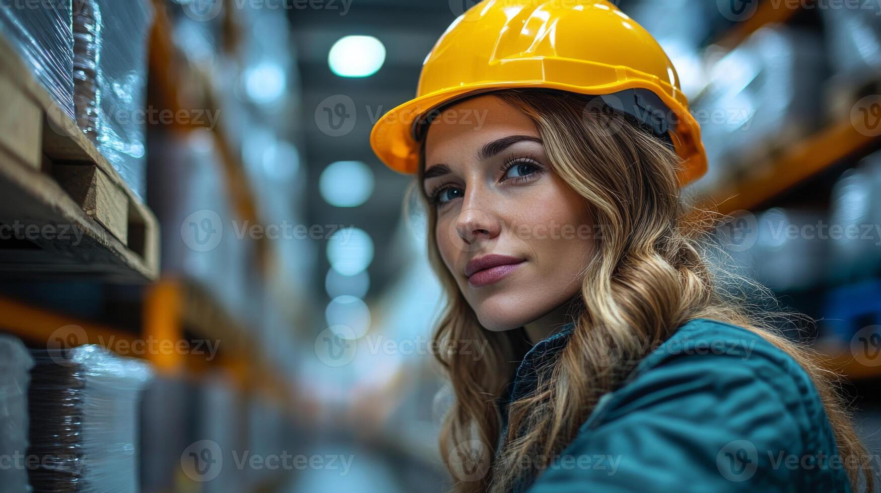 A woman wearing a safety helmet stands in a large warehouse lined with shelves filled with goods. She appears focused on managing inventory and ensuring efficient sorting and fulfillment. photo