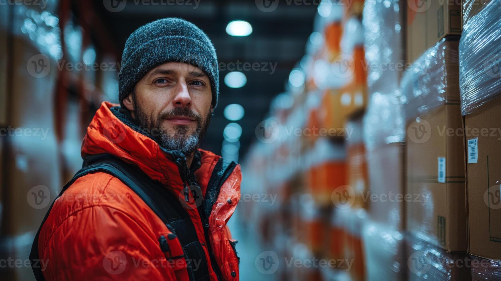 A warehouse worker stands confidently among stacked boxes in a busy logistics hub, preparing for sorting and organizing inventory in the early evening. photo