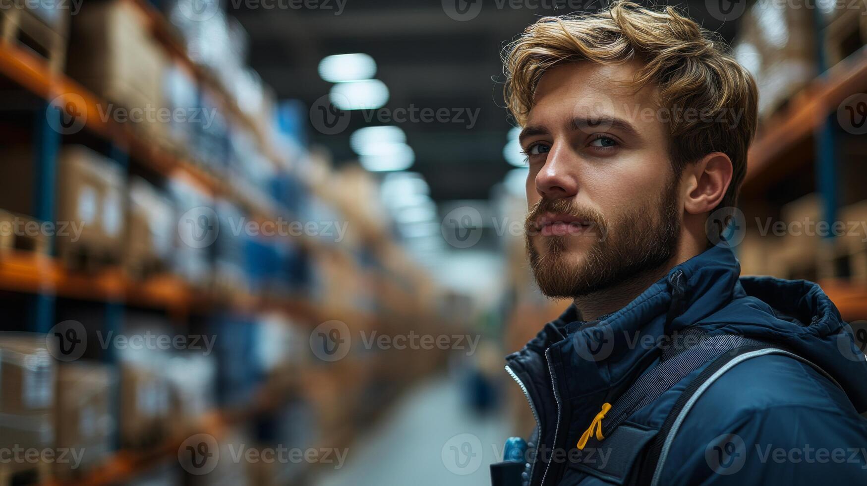 A male warehouse employee inspects storage shelves filled with boxes in a busy distribution center. The area is well lit and organized, indicating efficient logistics management. photo