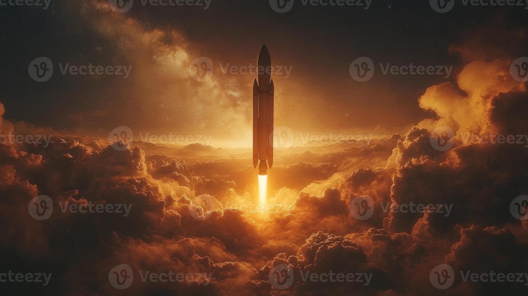 A rocket ascends into the atmosphere during sunrise, leaving a trail of flame and smoke, symbolizing advancements in aerospace and space exploration. photo