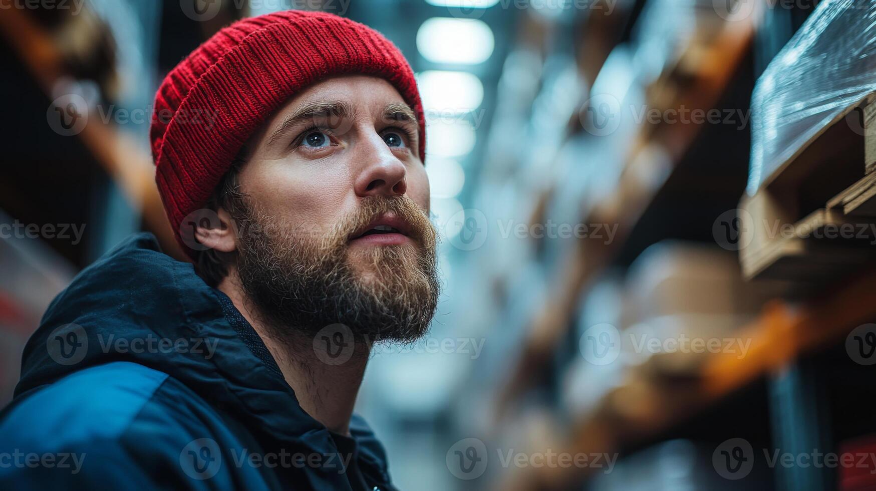 A warehouse worker wearing a red beanie is closely examining inventory on shelves in a distribution center. The ambient lighting creates a productive atmosphere for managing stock. photo