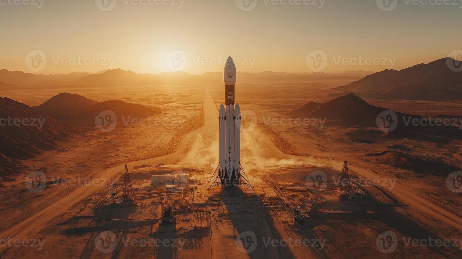 A rocket stands tall on a launch pad as the sun rises over a desert landscape. photo