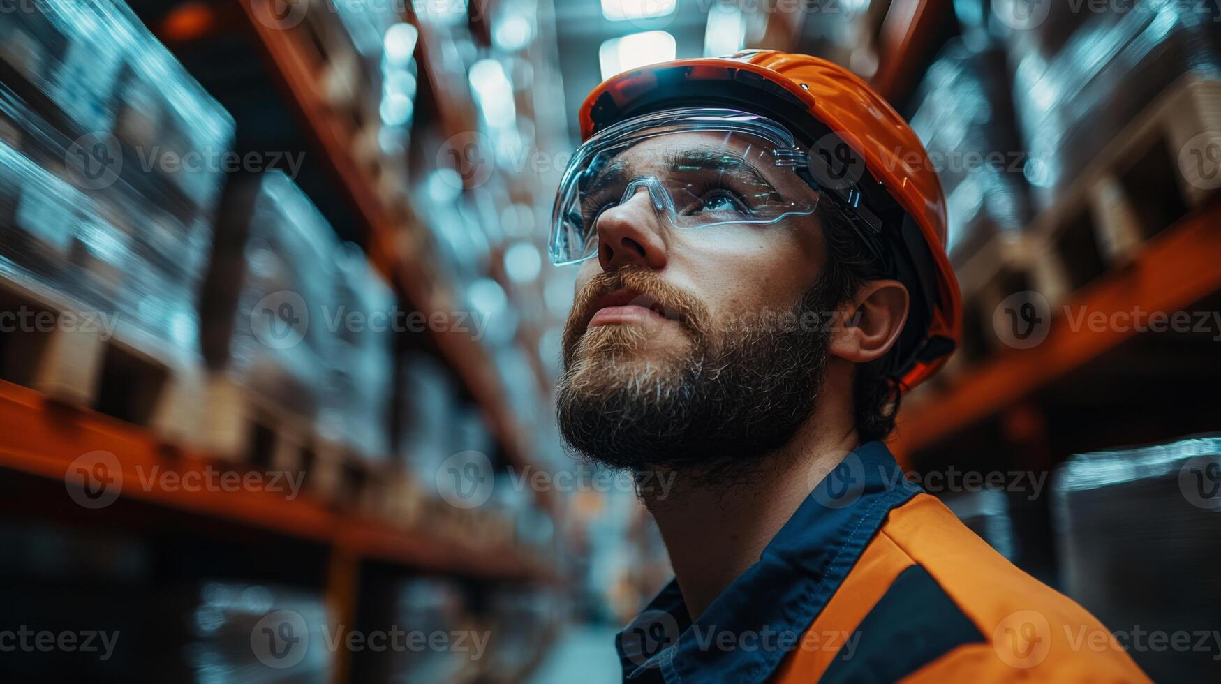 A warehouse worker is looking up thoughtfully while inspecting storage racks during peak fulfillment hours, wearing safety glasses and an orange helmet for protection. photo