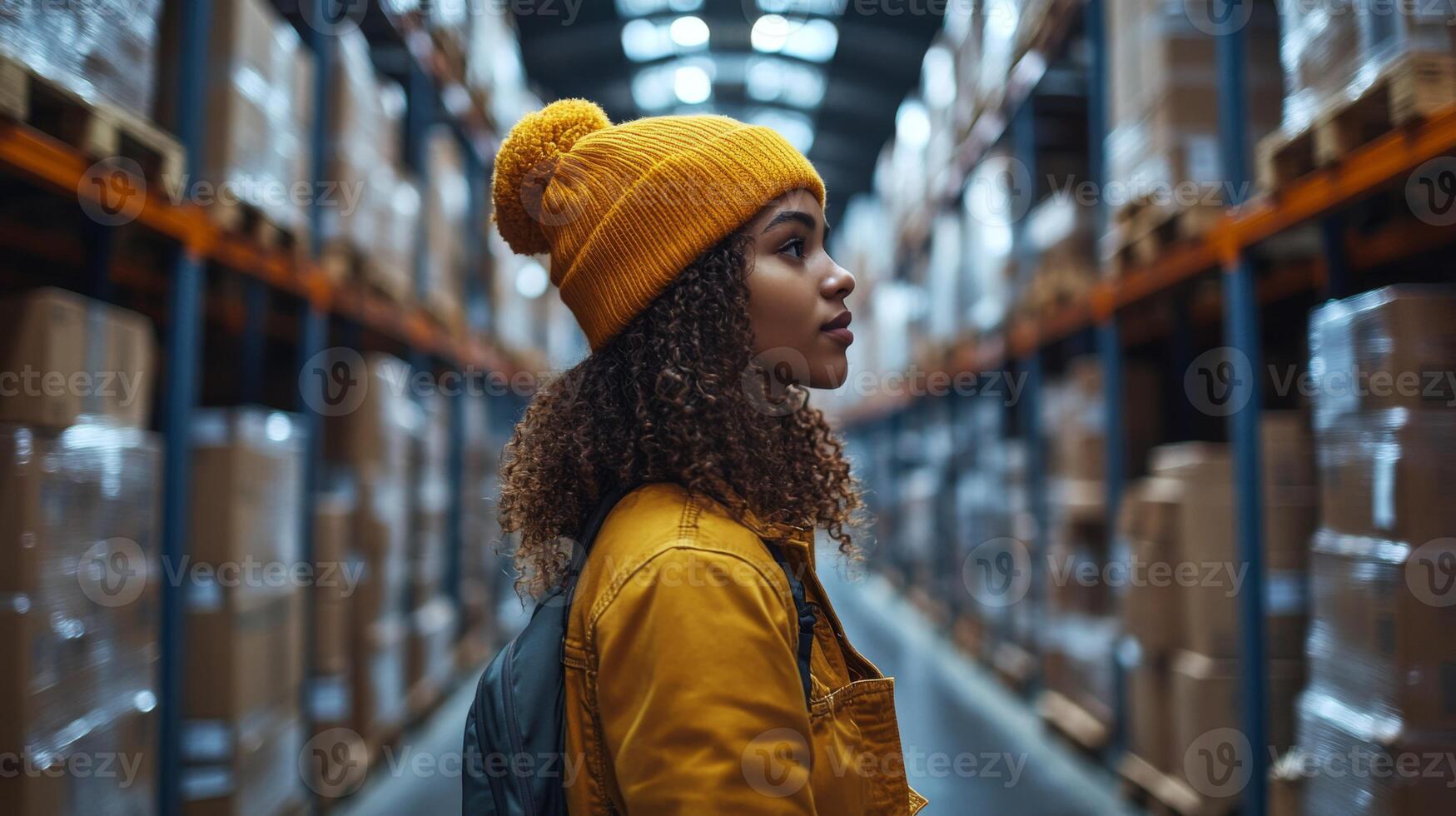 A woman with curly hair in a yellow beanie and jacket navigates through a warehouse, surrounded by organized stacks of boxes on shelves. The atmosphere is bright and orderly. photo
