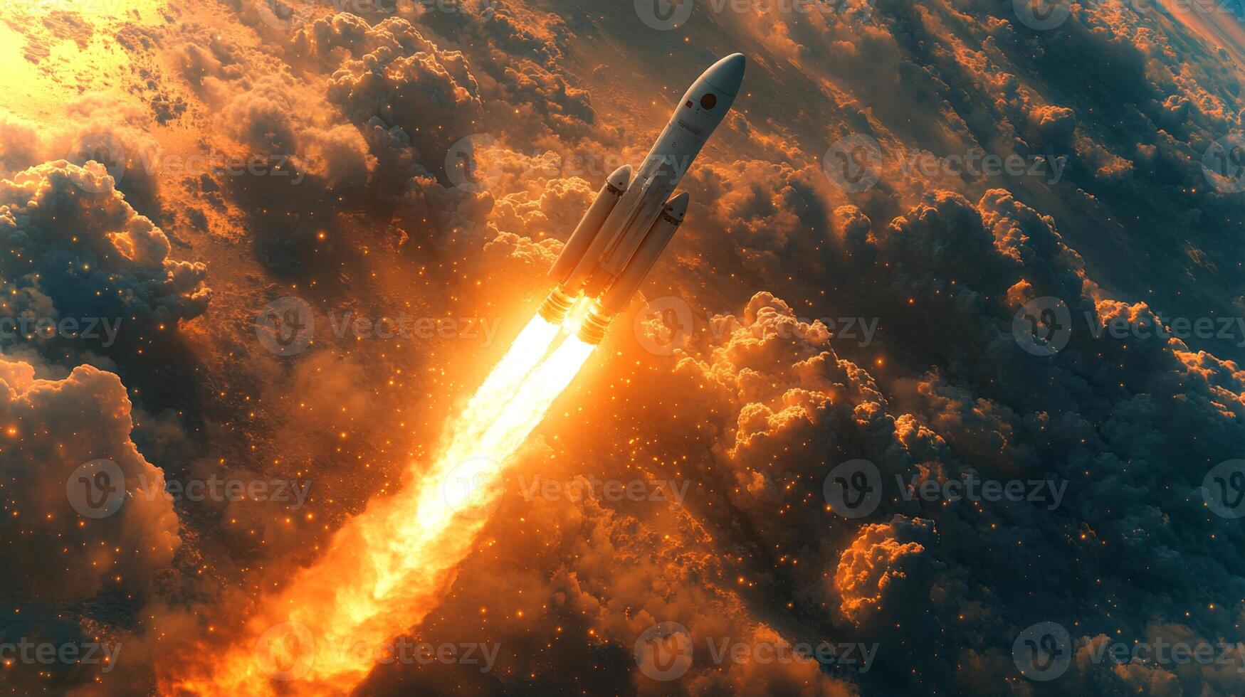 A rocket is propelling itself into the sky, emitting bright flames and smoke while ascending through a cloud filled atmosphere. The launch represents a significant achievement in aerospace technology. photo