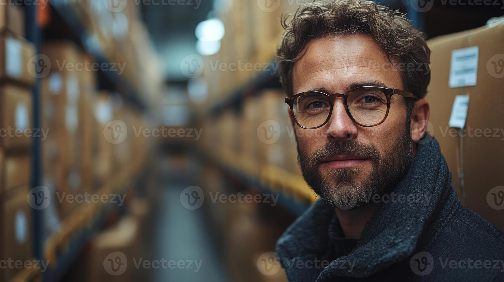 A logistics expert is seen in a warehousing environment, surrounded by neatly stacked boxes, focusing on effective inventory and distribution practices during daytime operations. photo