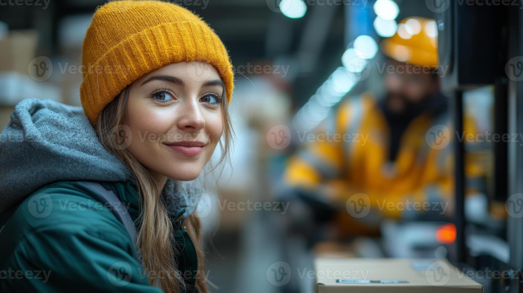 A worker in a green jacket and yellow hat engages in sorting packages at a logistics center. Another person wearing an orange safety vest can be seen in the background facilitating operations. photo