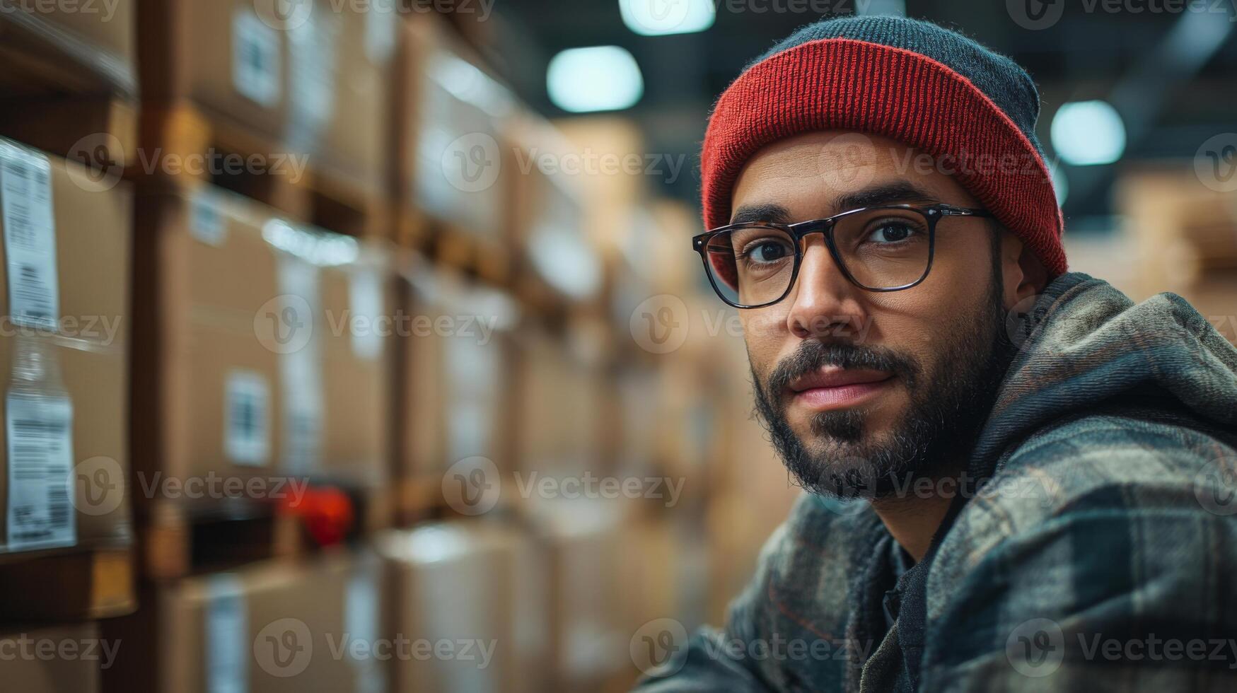 A logistics worker is focused on his tasks within a warehouse, surrounded by organized boxes ready for distribution and fulfillment. photo