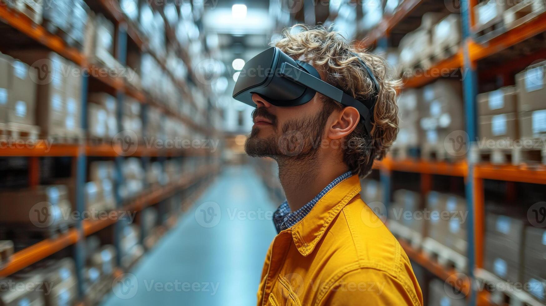 A worker uses virtual reality technology to improve his understanding of warehouse logistics and inventory management while navigating through storage areas filled with cargo. photo