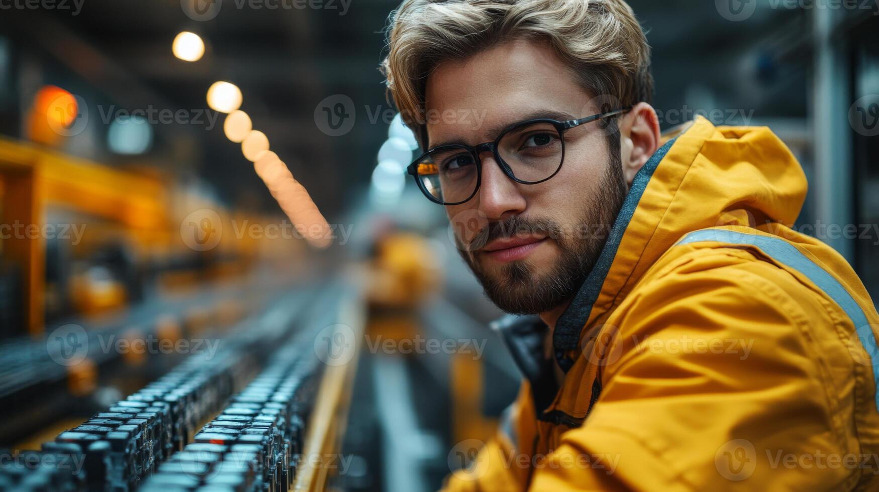 A logistics worker in a bright yellow jacket oversees the sorting process, ensuring smooth operations in a busy warehouse filled with inventory and storage equipment. photo