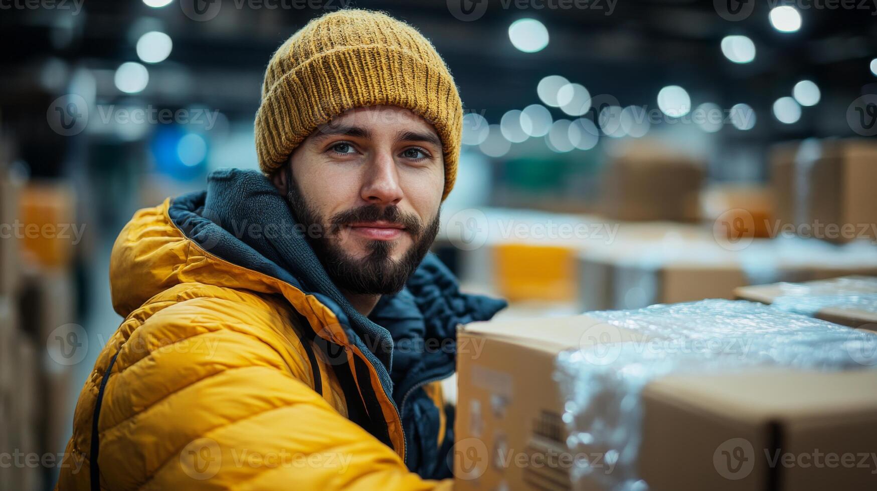 A worker sorts and organizes packages in a spacious warehouse filled with numerous stacked boxes and bright overhead lights while wearing a warm hat and jacket. photo