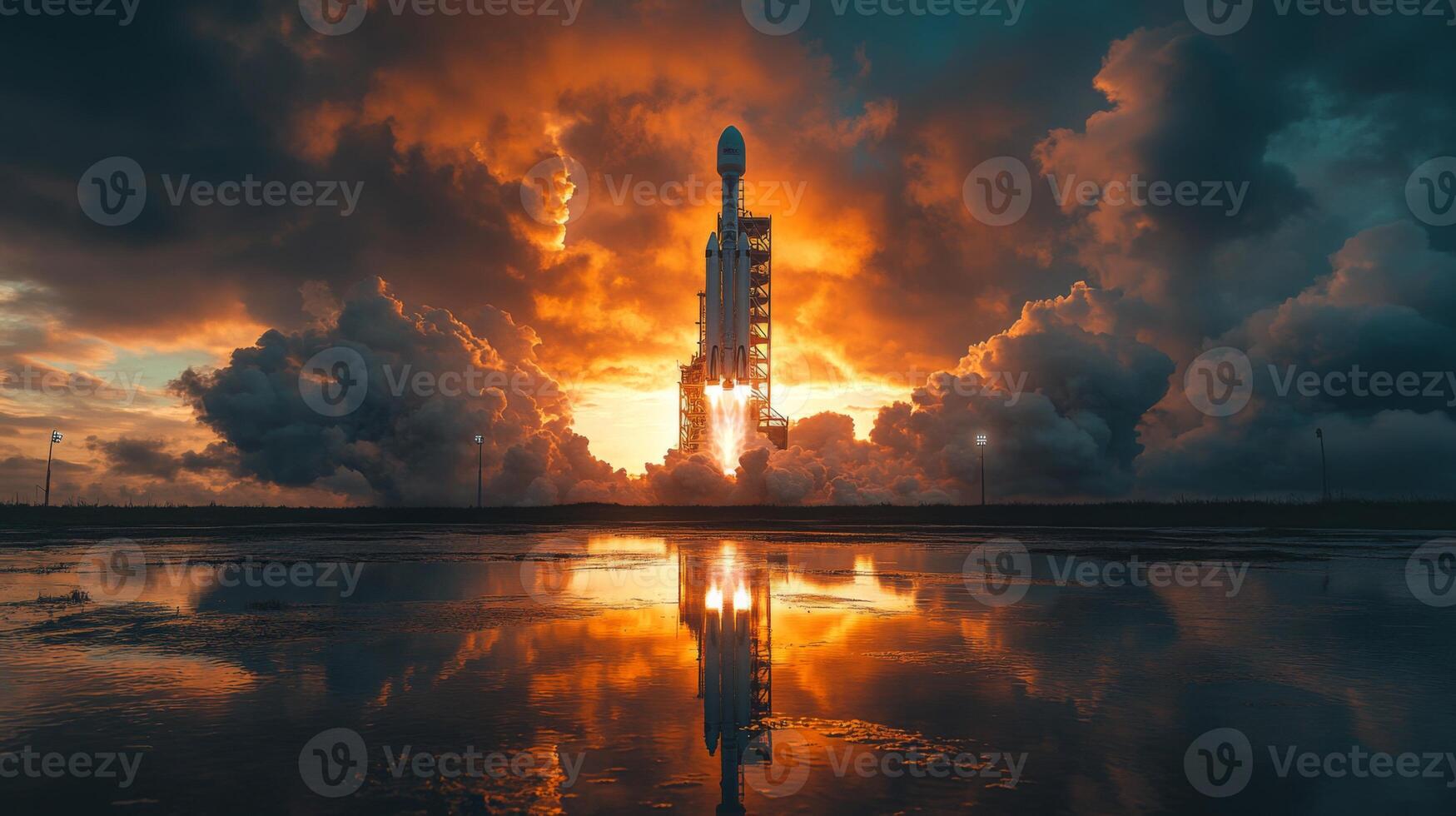 The rocket is launching into the sky with fiery exhaust, illuminated by a vibrant sunset and surrounded by clouds, showcasing advanced recovery and refurbishment techniques. photo