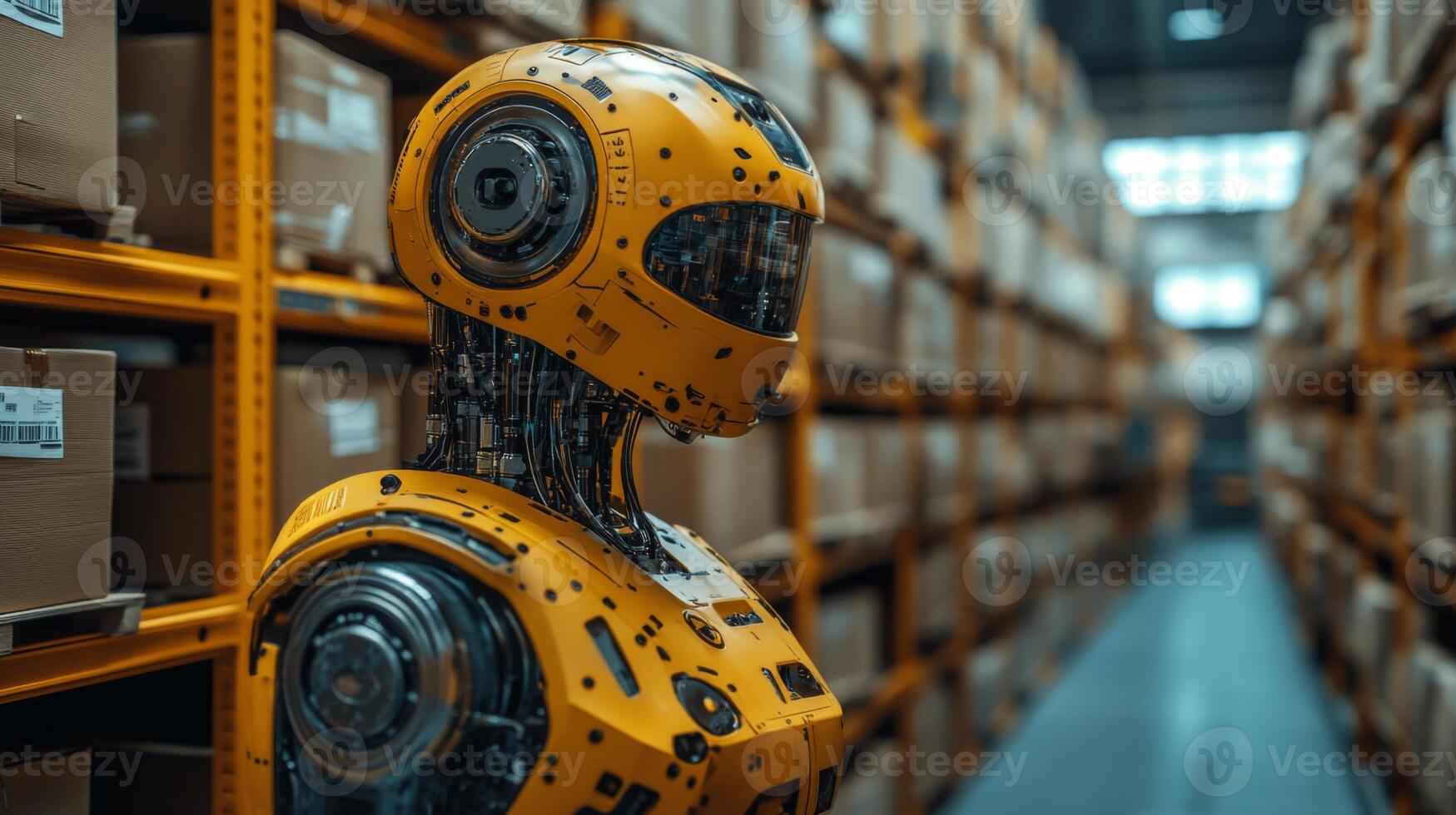 A robotic assistant stands in a warehouse aisle filled with stacked boxes, optimizing inventory management and supporting distribution tasks within the logistics sector. photo