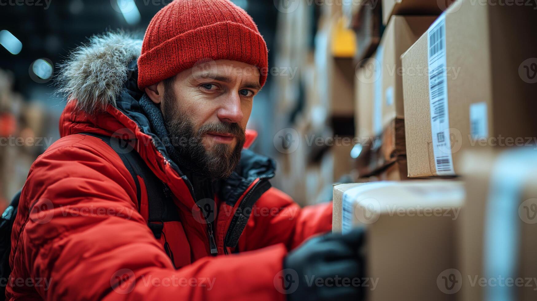A warehouse worker with a red beanie and jacket sorts through stacked boxes, diligently managing inventory in a busy logistics center. photo